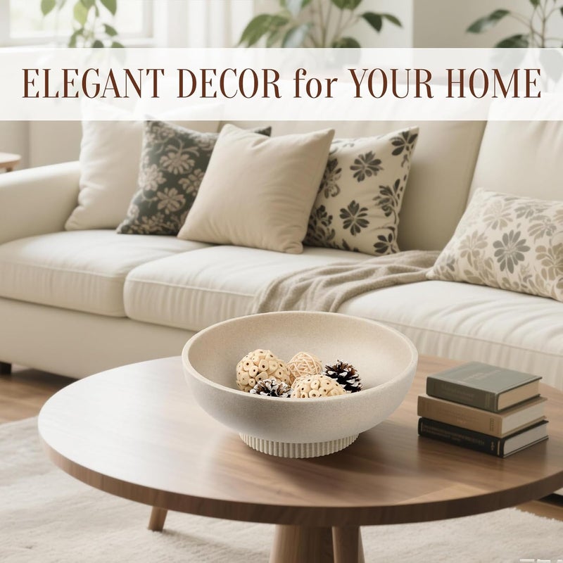 Deobath Large Resin Pedestal Decorative Bowl - Modern Handicraft Bowls for Home Decor - Fruit Bowl for Kitchen Counter - Key Bowl for Entryway Table,Artificial Stone Beige - Image 2